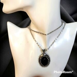 Black Cabochon Pendant Goth Castlecore Chain Necklace
